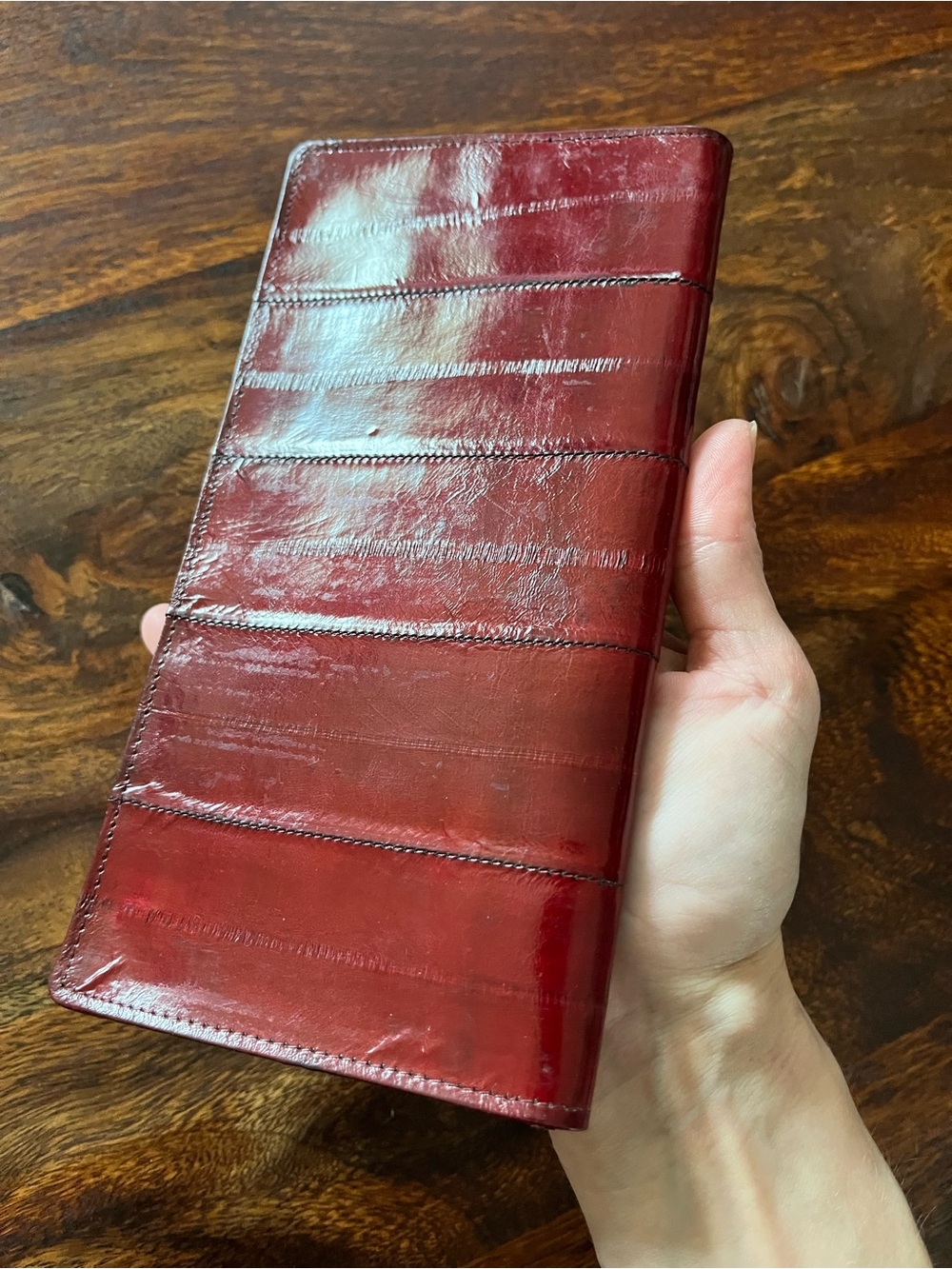 Vintage Eel Skin Wallet Red Bifold Long Exotic Leather Genuine Clutch Retro - Picture 14 of 15